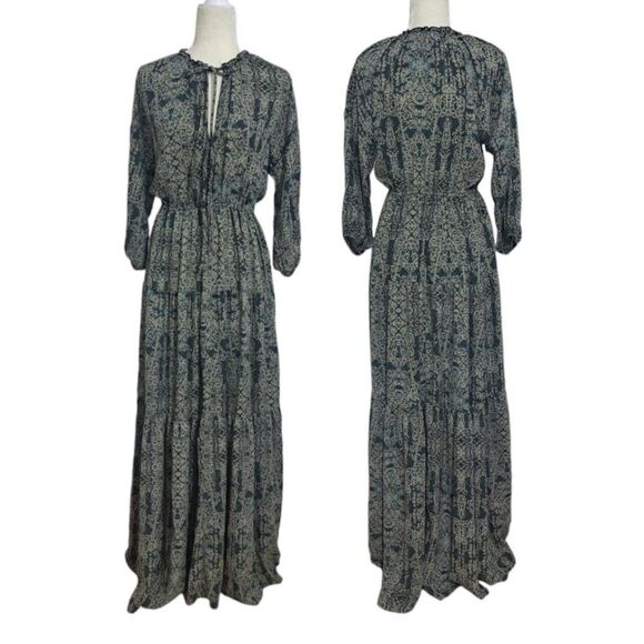 Ecote Women's Sage Green Floral Boho Cottagecore Maxi Tiered 3/4 Sleeves Large - Picture 2 of 10